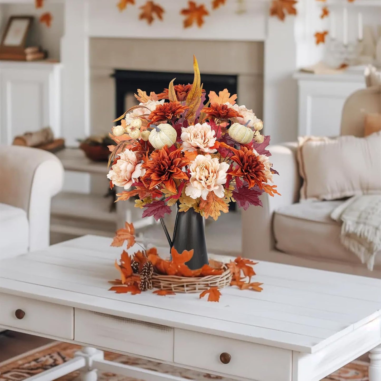2 Bundles Fall Cemetery Flowers for Grave Fake Fall Flowers Mixed Bush Artificial Dahlia with Pumpkins Silk Floral Arrangement for Autumn Party Wedding Home Thanksgiving Decor (19.29")