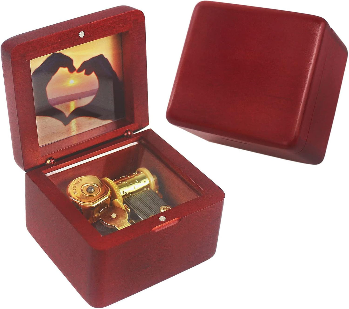 Sinzyo Natural Wooden Music Box with Customizable Photos Wind Up Musical Box Gifts for Christmas,Birthday and Valentine's Day (Simple Wine Red, Tone:You are My Sunshine)