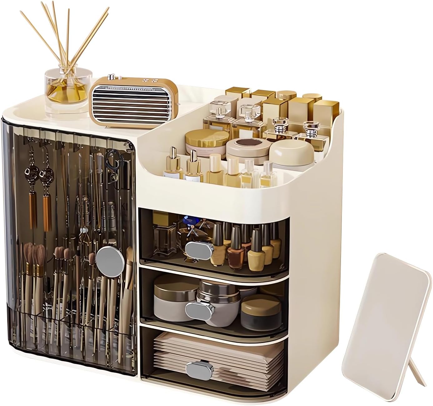 DASITON Makeup Organizer for Vanity,Large Capacity Makeup Storage Organizer with 3-Layer Drawers and Mirror,Cosmetics Display Case Make up Organizers for Vanity,Bedroom,Countertop(Black-Cream)