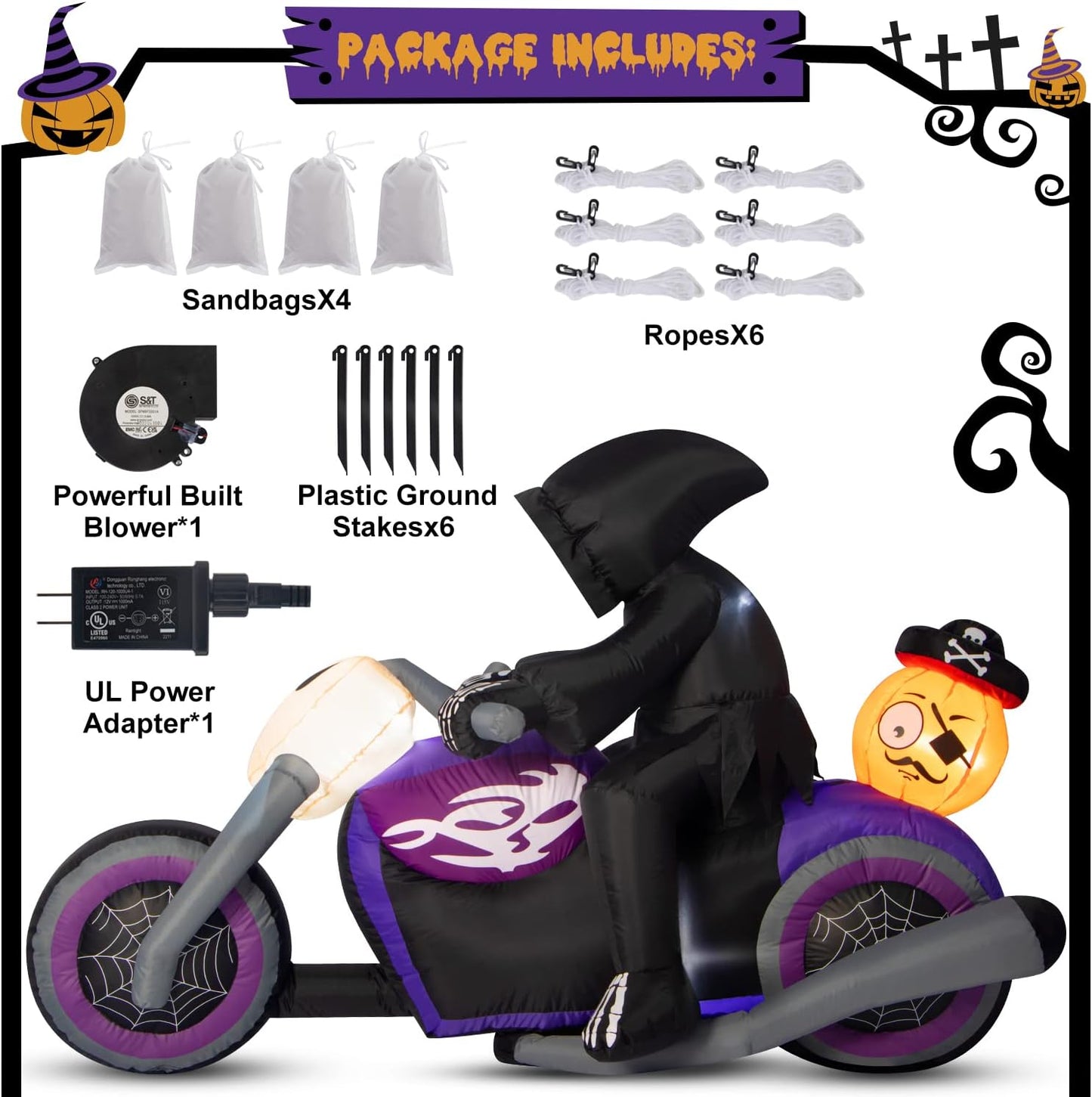 Sizonjoy Halloween Inflatables Black Rider with Pumpkin, 6 FT Halloween Decorations with Built-in LEDs, Halloween Blow Up Yard Decorations for Indoor Outdoor Party Garden