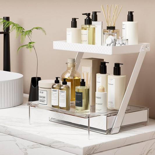 2 Tier Bathroom Countertop Organizer, Z-Shaped Vanity Organizer with Sliding Tray & Drawer, Skincare, Makeup & Perfume Storage Organizer, Acrylic office, Dresse & Desk Organizer