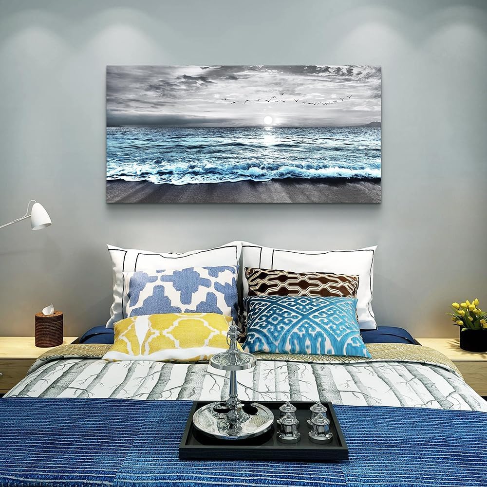 Wapluam Large Canvas Wall Art For Living Room Wall Decor For Bedroom Office Wall Decorations Black And White Painting Blue Sea Wave Pictures Artwork For Modern Stretched and Framed Beach Posters