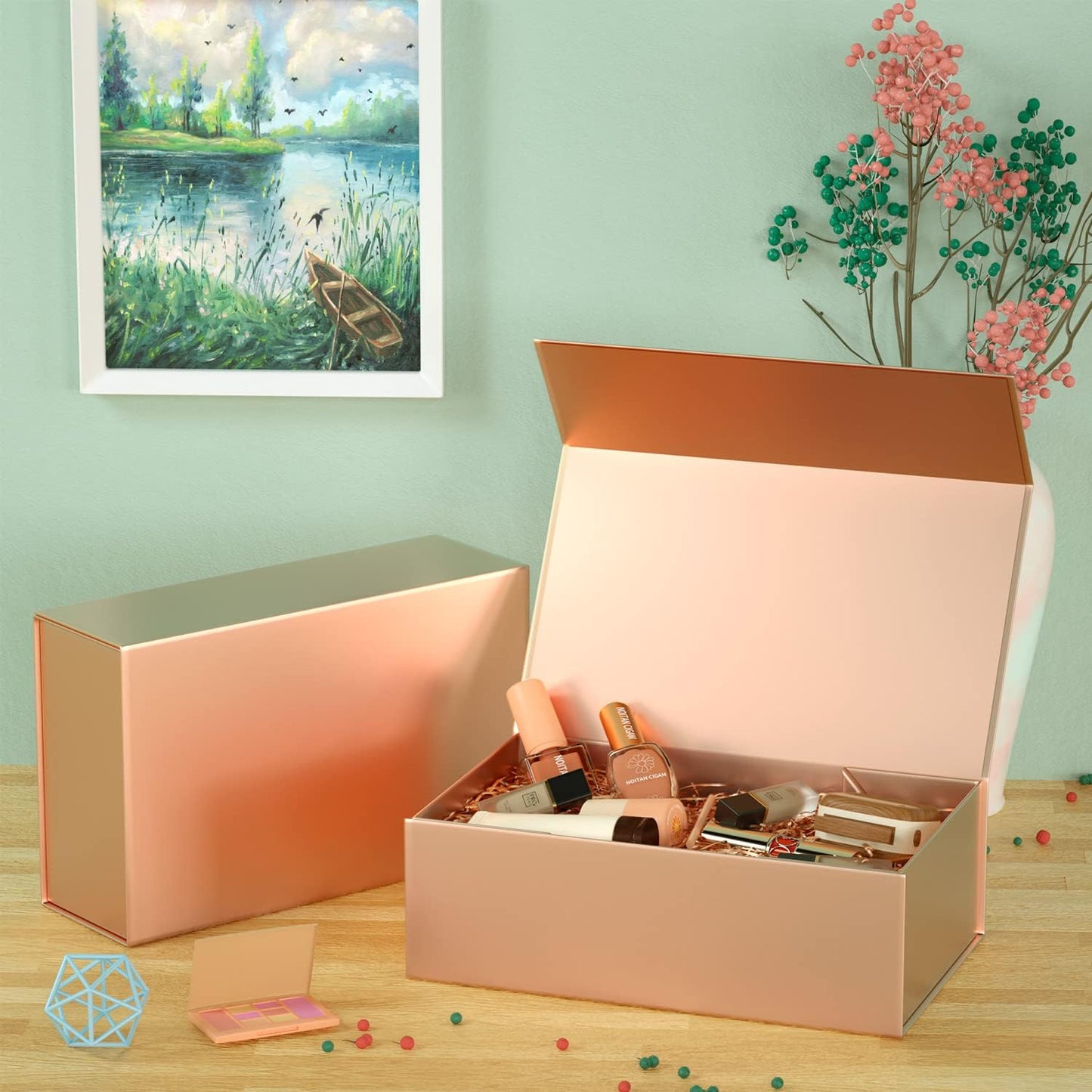 5 Pack Rose Gold Gift Box, 9.5x6x3'' Gift boxes for Presents with Lids Magnetic Closure Rectangle Collapsible for Bridesmaid proposal box, Wedding, Christmas, Halloween, Birthday Gift Packging
