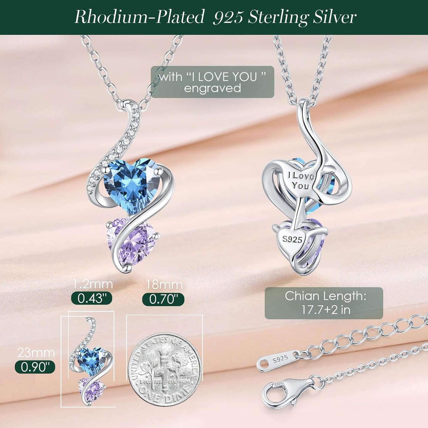 LOUISA SECRET Unique Double Heart Necklace Gifts for Wife Women, 925 Sterling Silver Tiny Birthstone Pendant Jewelry Gift for Her Girlfriend Mom Valentine's Day Anniversary Mother's Day Birthdays & Christmas
