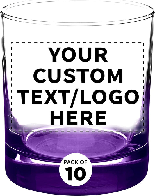 Custom Whiskey Glasses by Libbey 10 oz. Set of 10, Personalized Bulk Pack - Heavy Base Old Fashioned Glass, Perfect for Scotch, Bourbon, Whiskey, Cocktail - Purple