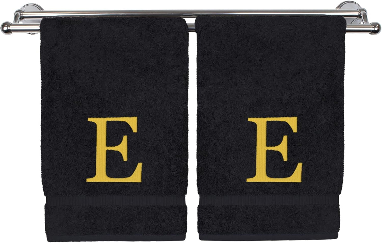 Monogrammed Hand Towel, Personalized Gift, Set of 2- Gold Block Letter Embroidered Towel - Extra Absorbent 100% Turkish Cotton - Soft Terry Finish - Initial E Black
