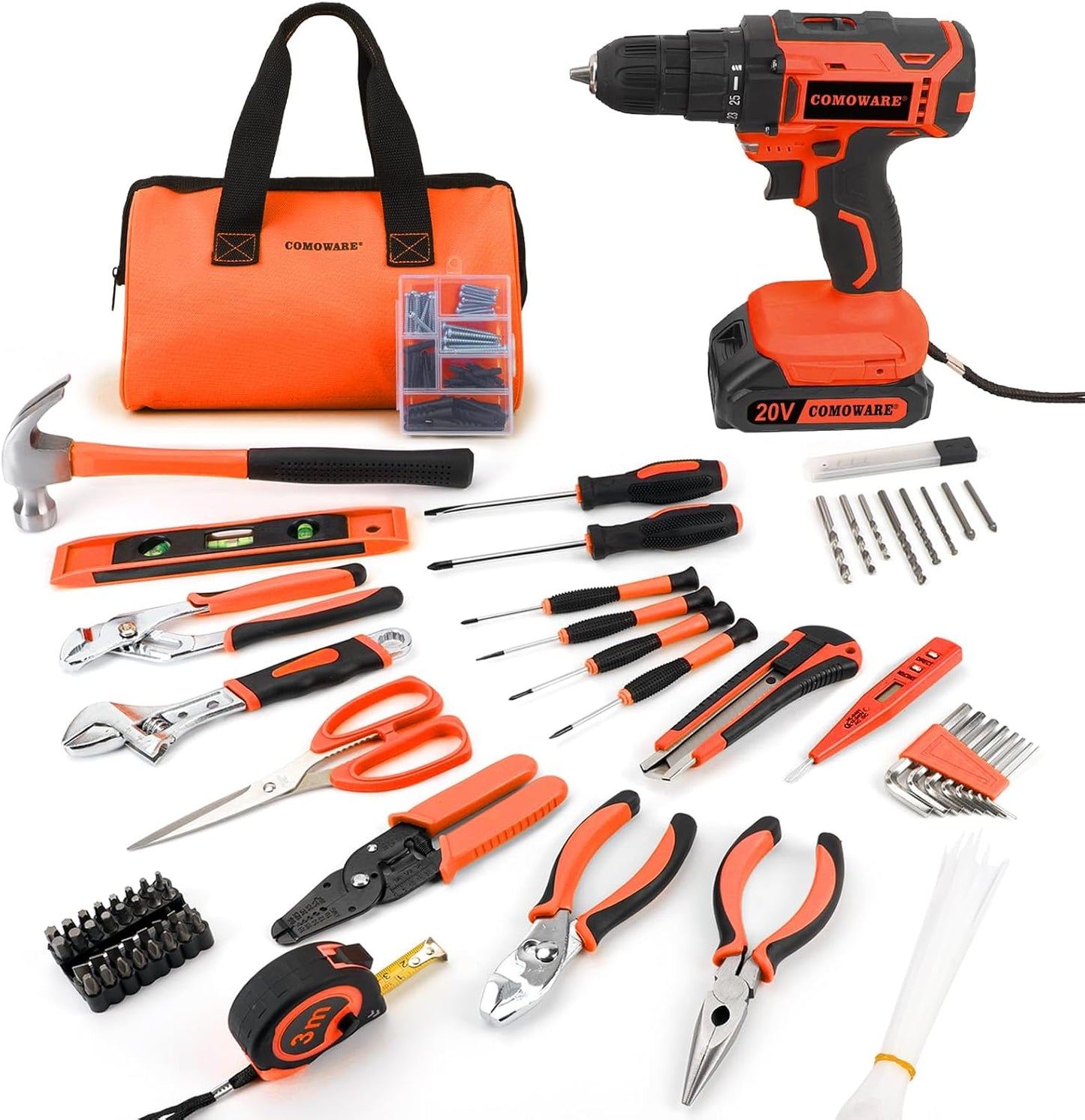 COMOWARE 171-Piece Home Tool Kit with Drill, 20V Cordless Power Drill Combo Set, Complete Household Repair Tools for Men & Women in Garden, Office, DIY Projects