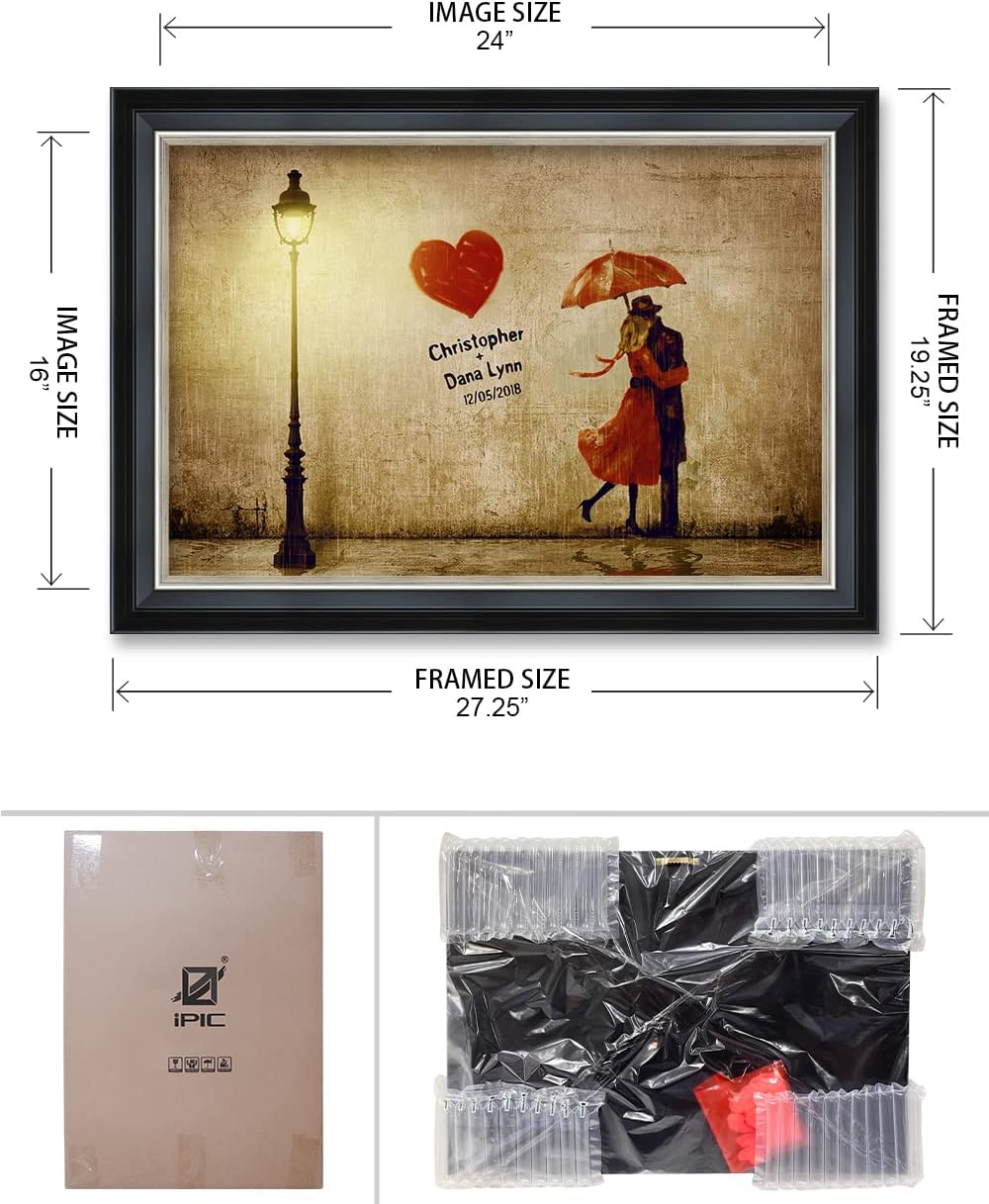 IPIC - Our First Kiss Personalized Framed Wall Art with Names and Date on, Giclee Prints with Solid Wood, Custom Gifts for Anniversary. Total Framed Size: 27.25" W x 19.25" H