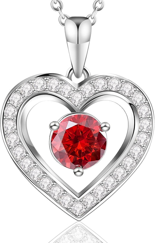 Full Moissanite Heart Necklace - No CZ! 2ct Vibrant Birthstone & 30 White Gems | 12 Month Gifts for Wife, Mom, Her | Anniversary, Valentine's Day, Mother's Day Jewelry