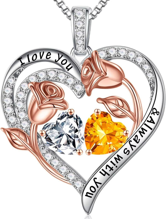 Iefil Birthstone Necklace for Women - 925 Sterling Silver Rose Heart Birthstone Necklace Birthday Anniversary Jewelry Gifts for Her Wife Mom Daughter