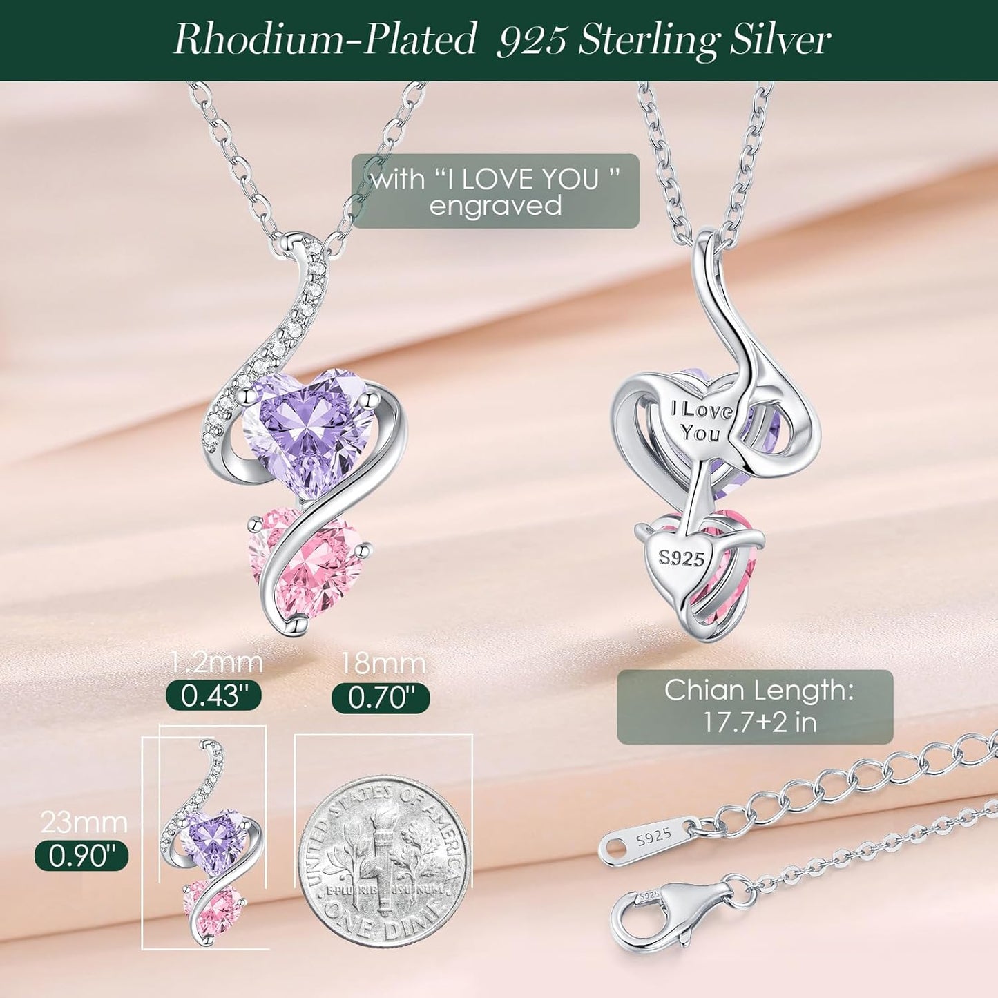 LOUISA SECRET Unique Double Heart Necklace Gifts for Wife Women, 925 Sterling Silver Tiny Birthstone Pendant Jewelry Gift for Her Girlfriend Mom Valentine's Day Anniversary Mother's Day Birthdays & Christmas