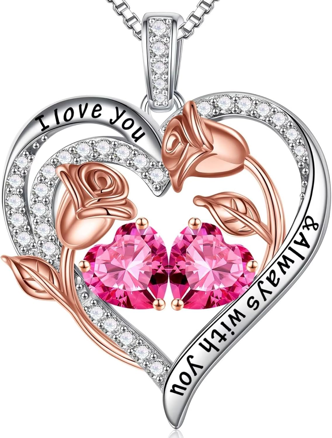 Iefil Birthstone Necklace for Women - 925 Sterling Silver Rose Heart Birthstone Necklace Birthday Anniversary Jewelry Gifts for Her Wife Mom Daughter