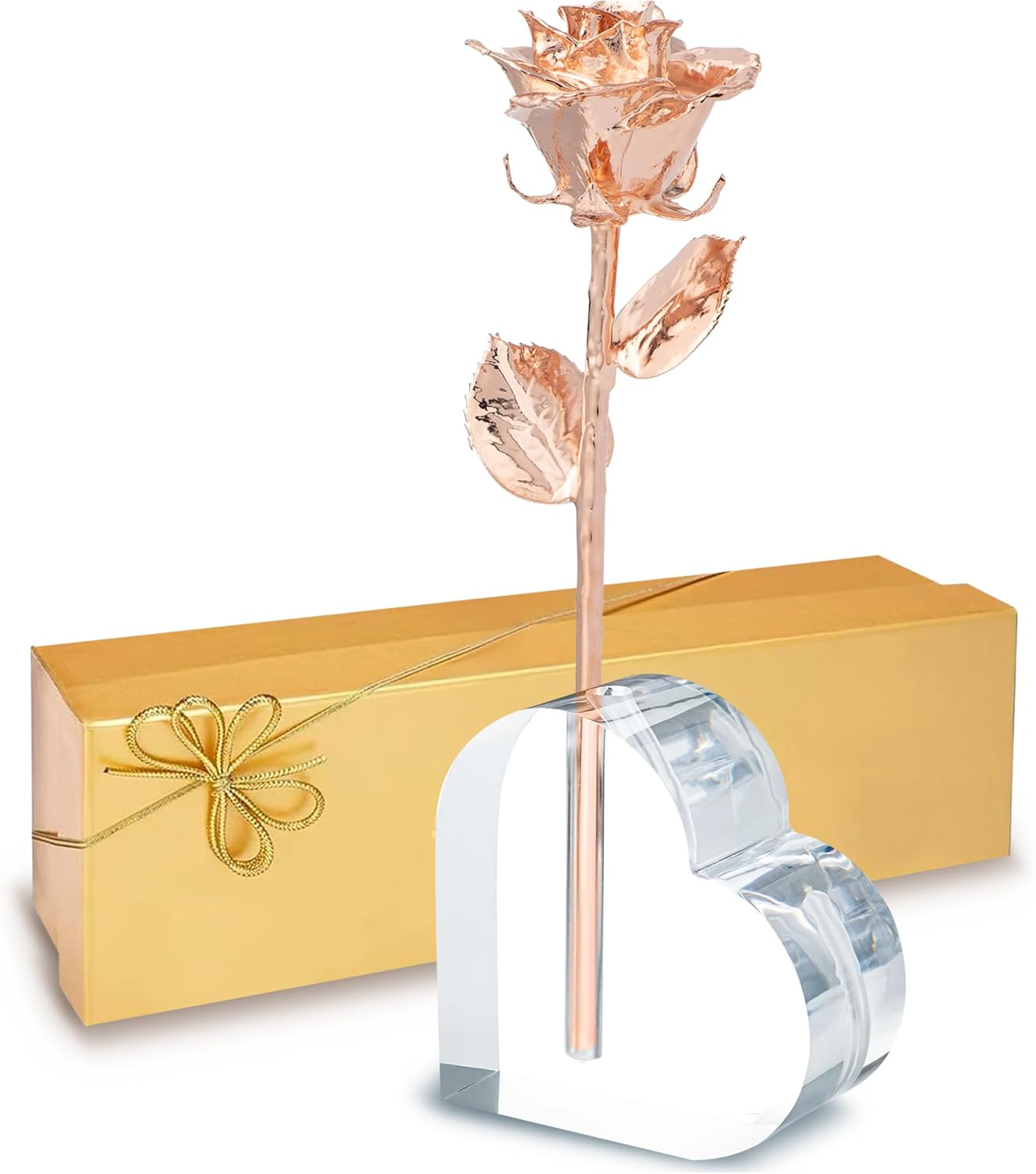 Forever Rose Real Rose Dipped in Rose Gold, Handcrafted Preserved in Acrylic Heart Vase and Luxury Gold Gift Box, Romantic Gift for Her, Elegant Keepsake for Anniversary, Birthday, Any Occasion
