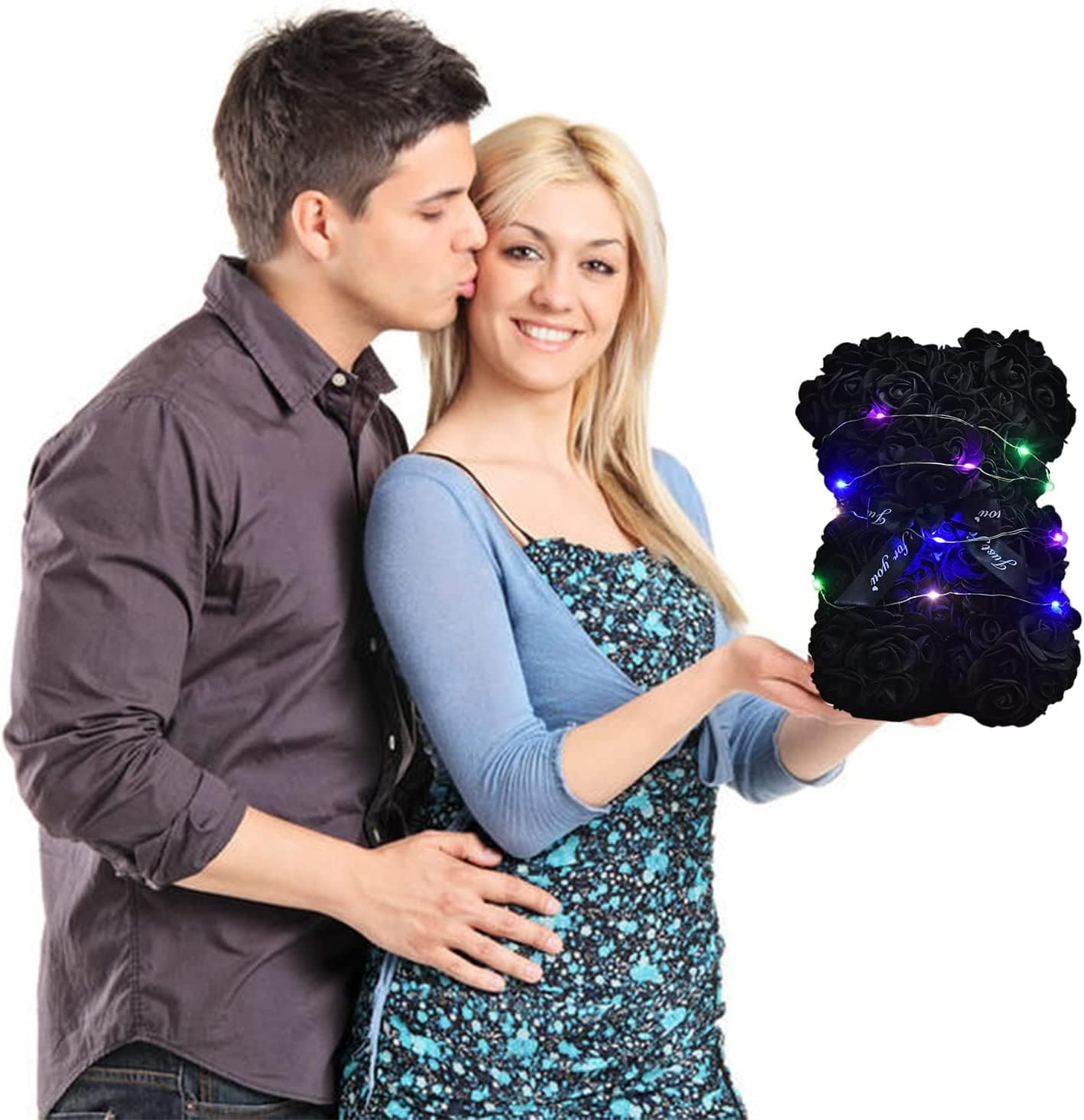 Artificial Rose Flower Bear,Perfect Romantic Gift for Her, Valentine's Mother's Day, Christmas, Birthday,Thanksgiving Party Anniversary Girl Friend Wife with Heart-Shaped Diamond Black.