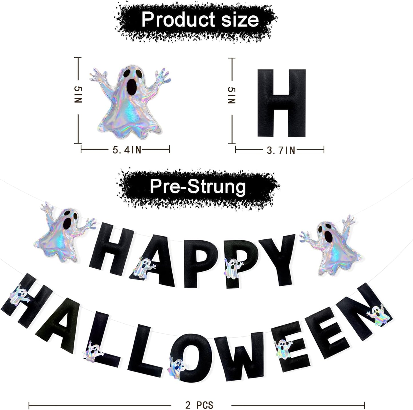 Halloween Decorations Pre-Strung Handmade Felt Happy Halloween Sign Iridescent Ghost Banner for Spooky Ghost Nursery Home Wall Decor Birthday Baby Shower Party Decorations Supplies