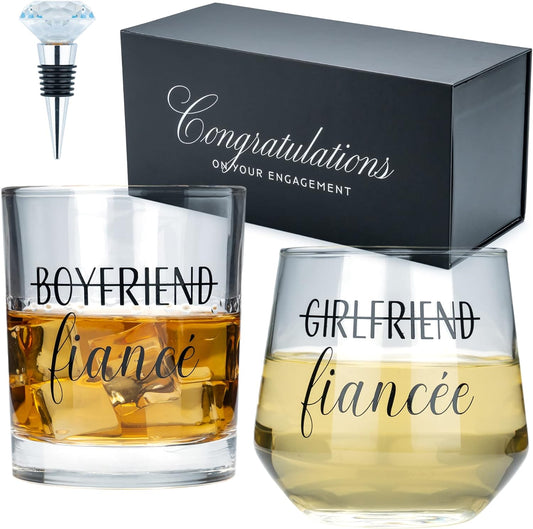 Engagement Gifts for Couples - Unique Fiance Gift for Him or Her! Whiskey Wine Glasses with Diamond Wine Stopper