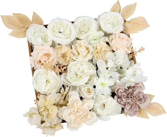 DEEMEI Roses Artificial Flowers Combo Box Set Rose Faux Flowers Silk Mix Peony Fake Flowers with Stems for DIY Bridal Wedding Bouquets Centerpieces Baby Shower Party Home Decorations Cream White