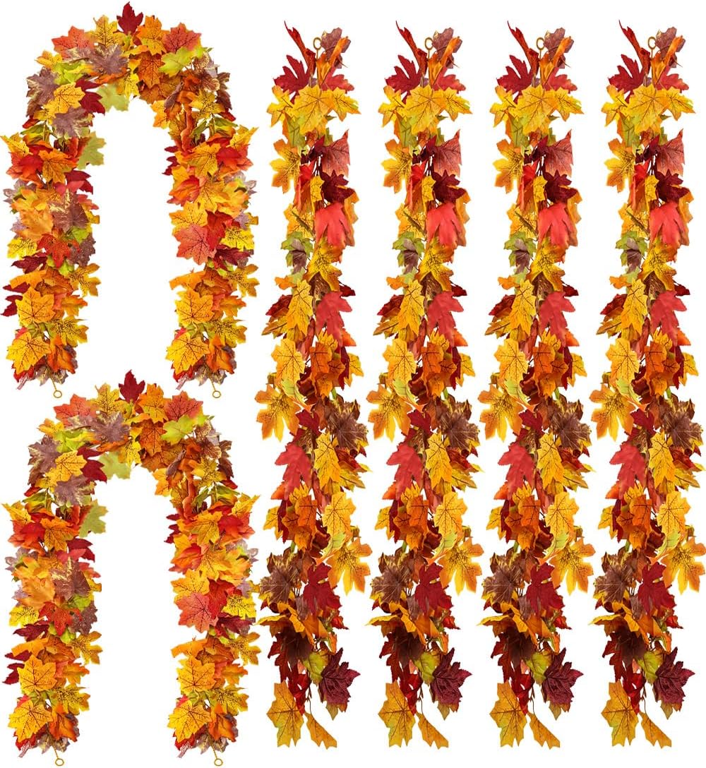 wohohoho 6 Packs Fall Garland Maple Leaf, 5.9Ft/Pieces Fall Leaves Garland 7 Maple Leaves Hanging Vines for Autumn Decor Halloween Thanksgiving Christmas Indoor Outdoor Decorations