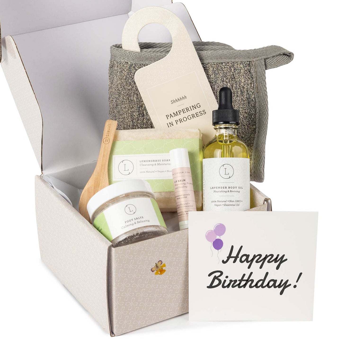 Lizush Lemongrass 6-Piece Spa Gift Set for Women - Relaxing Self-Care Basket, Luxury Handmade Body Care Items for Premium Relaxation - Happy Birthday - Handmade in The USA