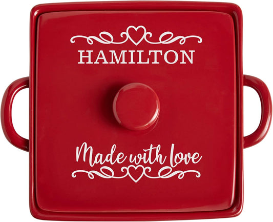 Let's Make Memories Personalized Made With Love Stoneware Casserole Dish - Cookware - For Her - Red