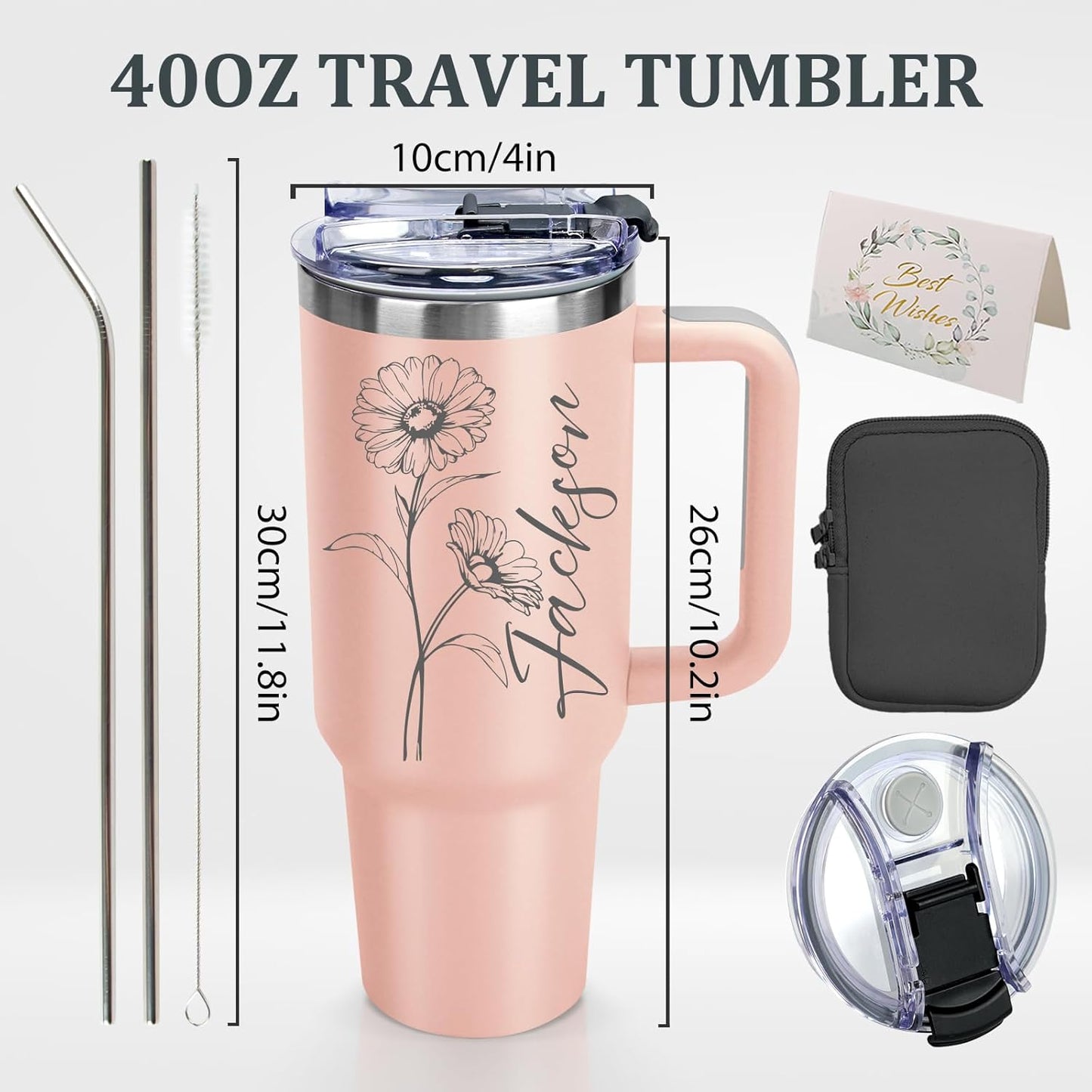 Personalized 40 Oz Tumbler with Handle Custom Tumbler with Name & Birth Flower Month, Stainless Steel Travel Coffee Mug Cup, Birthday Gifts Personalized Gifts for Women Men