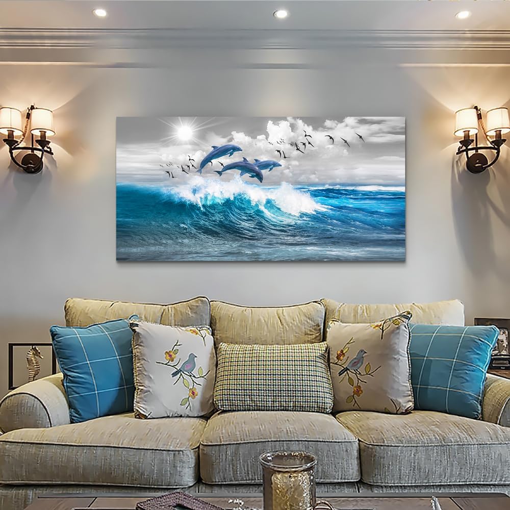 Wapluam Large Size Canvas Art - Blue Waves Of The Sea Wall Art For Living Room & Bedroom - Modern Office Decoration