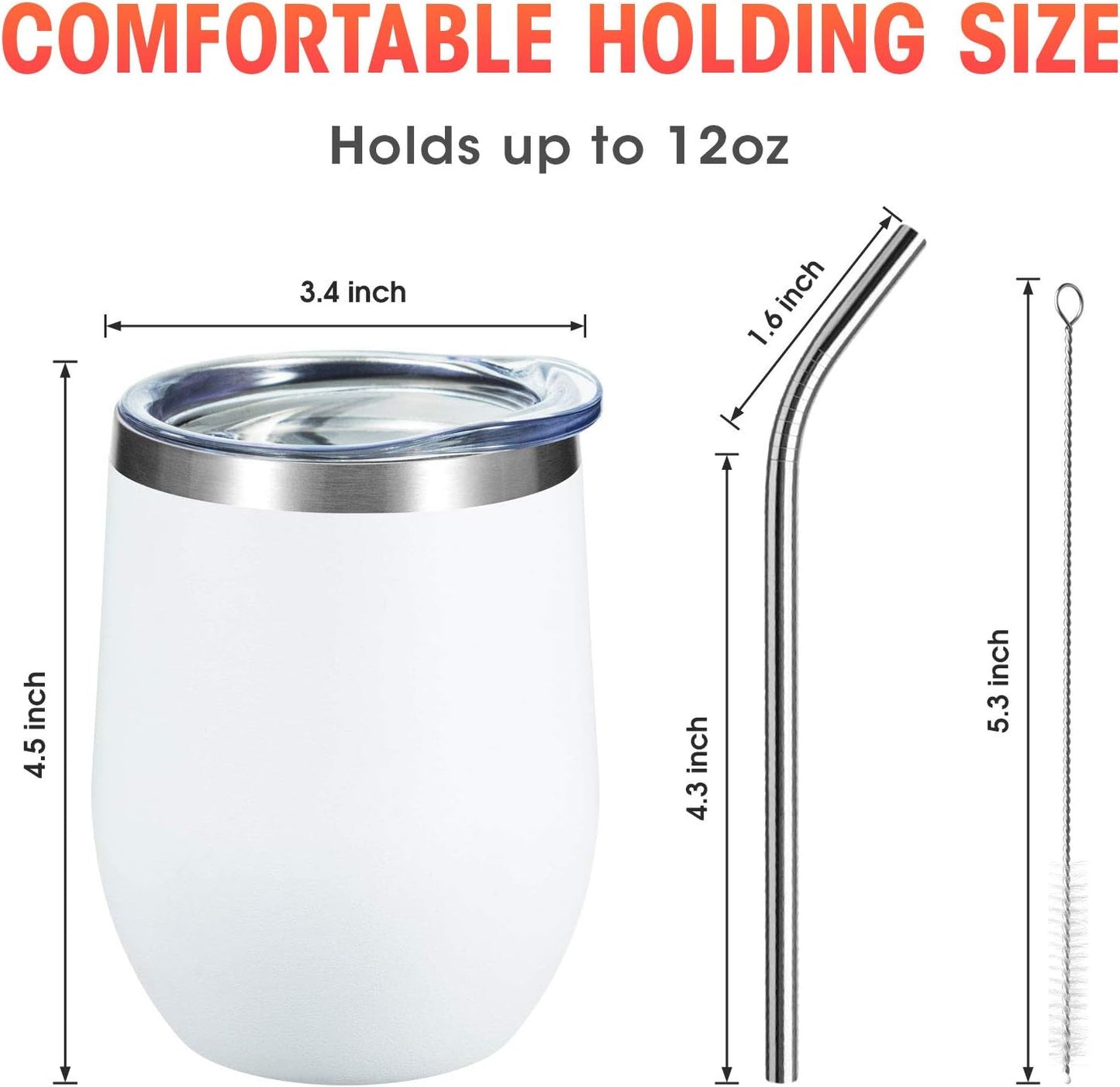 COMOOO 12oz Wine Tumbler with Lid and Straw, Stainless Steel Stemlss Wine Glass, Double Wall Vacuum Insulated Wine Tumbler Cup for Wine, Cocktails, Champaign,Travel,Office,White, 6 Pack
