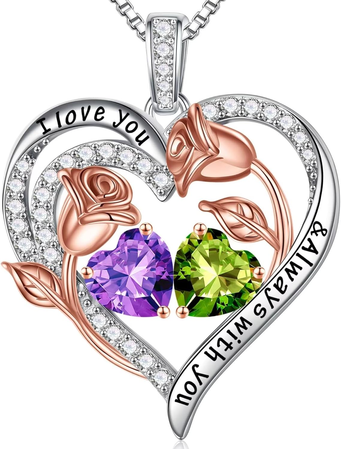 Iefil Birthstone Necklace for Women - 925 Sterling Silver Rose Heart Birthstone Necklace Birthday Anniversary Jewelry Gifts for Her Wife Mom Daughter