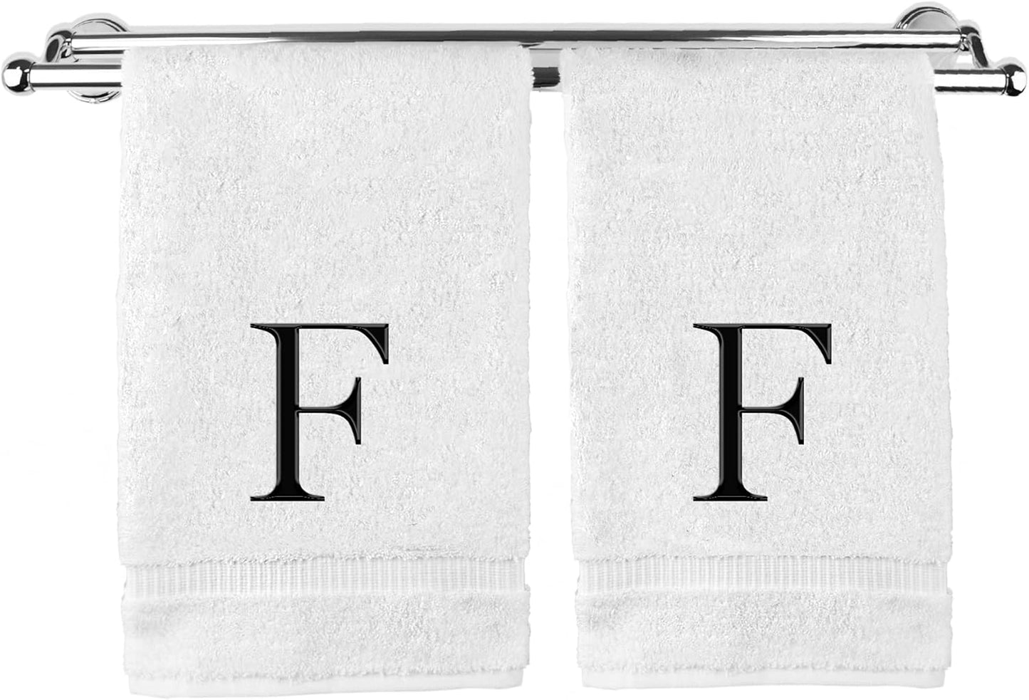 Monogrammed Hand Towel, Personalized Gift, Set of 2- Black Block Letter Embroidered Towel - Extra Absorbent 100% Turkish Cotton - Soft Terry Finish - Initial F White
