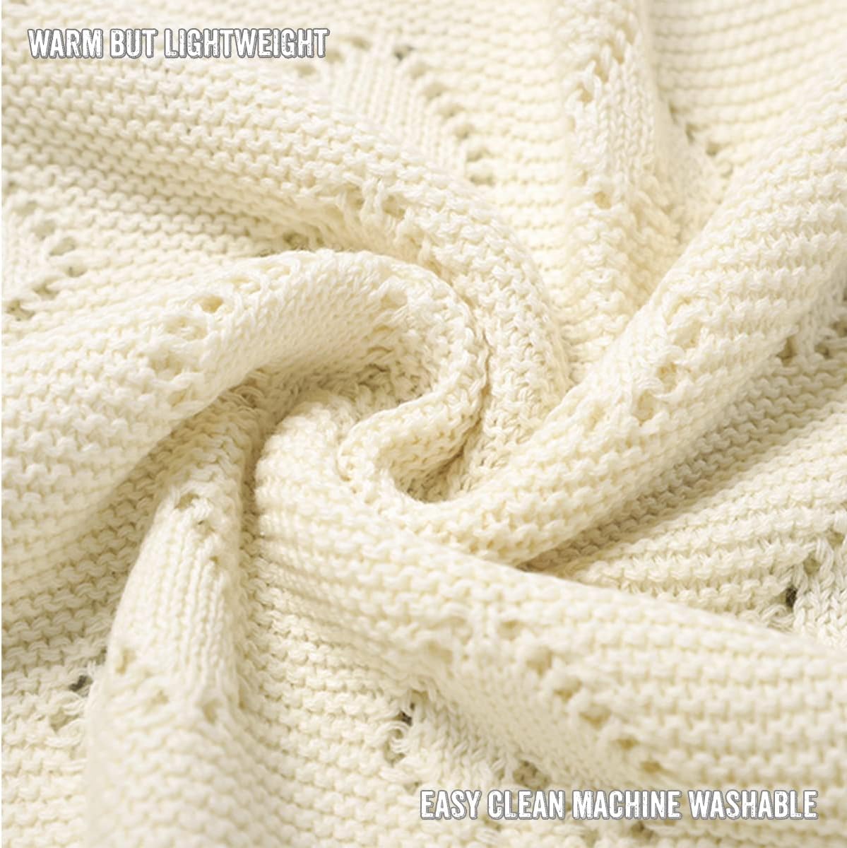 100% Cotton Unisex Heart Knit Swaddle Luxury Baby Blanket for Girls and Boys - Soft Warm Cozy Swaddling Receiving Stroller Crib Blanket for Newborns Infants Toddlers (Ivory, 0-2 Years)