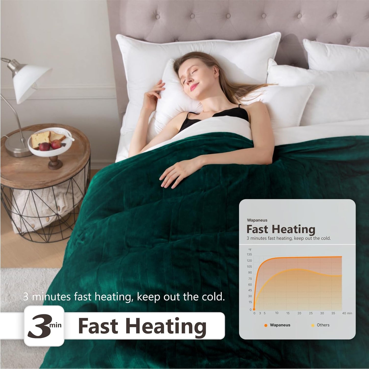 Wapaneus Heated Blanket Electric Queen Size 84"x90"-Dual Control with 10 Heat Levels 12 Timer Settings and 8 Hours Auto-Shut Off,Fast-Heating Electric Blanket,ETL Listed Machine Washable,Green