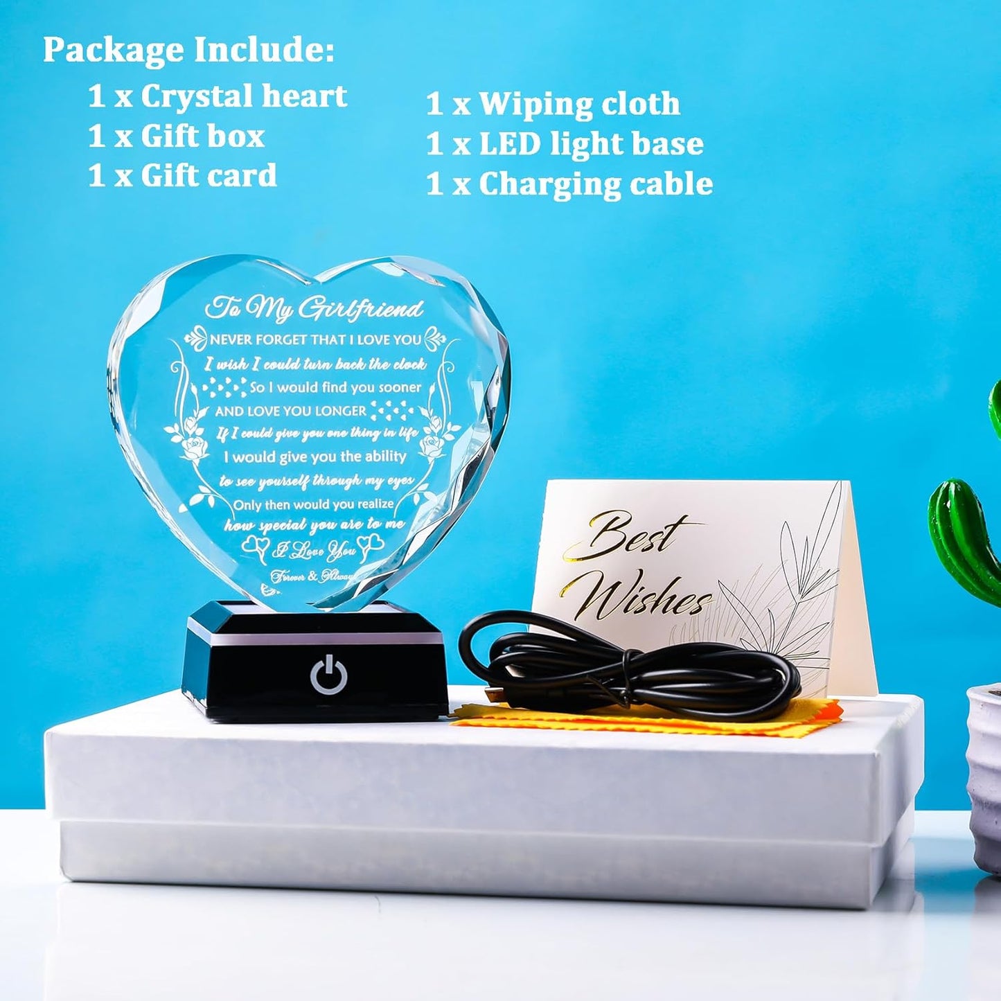 YWHL Gifts for Girlfriend with Colorful LED Base, Anniversary Birthday Gifts for Girlfriend from Boyfriend, Romantic Crystal Heart Keepsake Present for Her on Valentine Christmas
