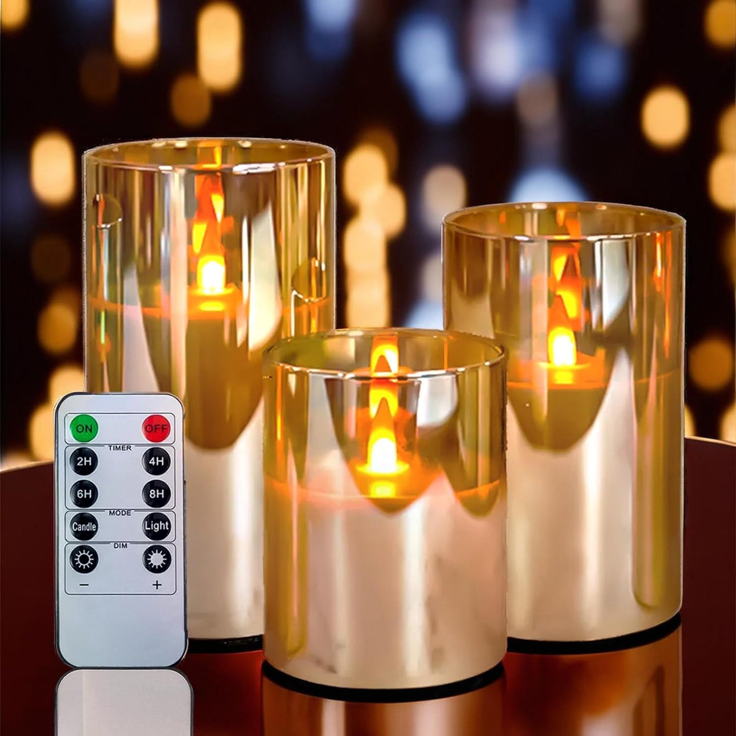 NICEME Radiance Evanescing Flameless Candles with Remote, 3 Pack Glass Battery Operated Candles with Timer, Real Wax Glass LED Candles Flickering Wedding Home Party Christmas D3 x H4 5" 6" Gold