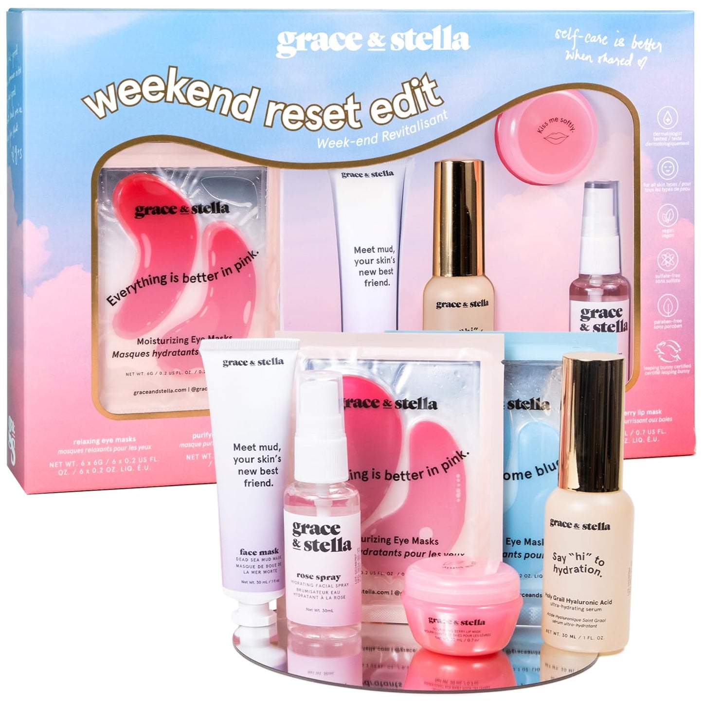 grace & stella Award Winning Skin Care Set - Gifts for Women - Travel Size Toiletries with Eye Masks, Hyaluronic Acid Serum, Lip Balm & More - Bridesmaids, Birthdays, Teen Girl Gifts - Vegan Self Care