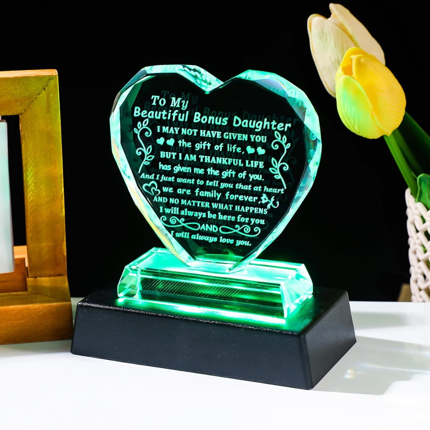 YWHL Bonus Daughter Gifts from Mom Dad, To My Bonus Daughter Gifts Heart Shaped Glass Keepsake with Colorful Light Base, Gift for Stepdaughter on Birthday Christmas Graduation