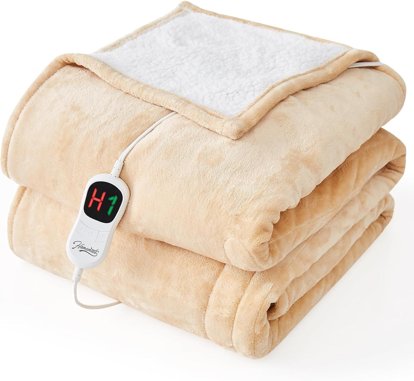 Homemate Electric Heated Blanket Full Size - 72"x84" Heated Bed Blanket Throw with 10 Heating Levels 8 Hours Auto Off Fast Heating Over-Heat Protection-Ultra Soft Flannel ETL Certified, Beige