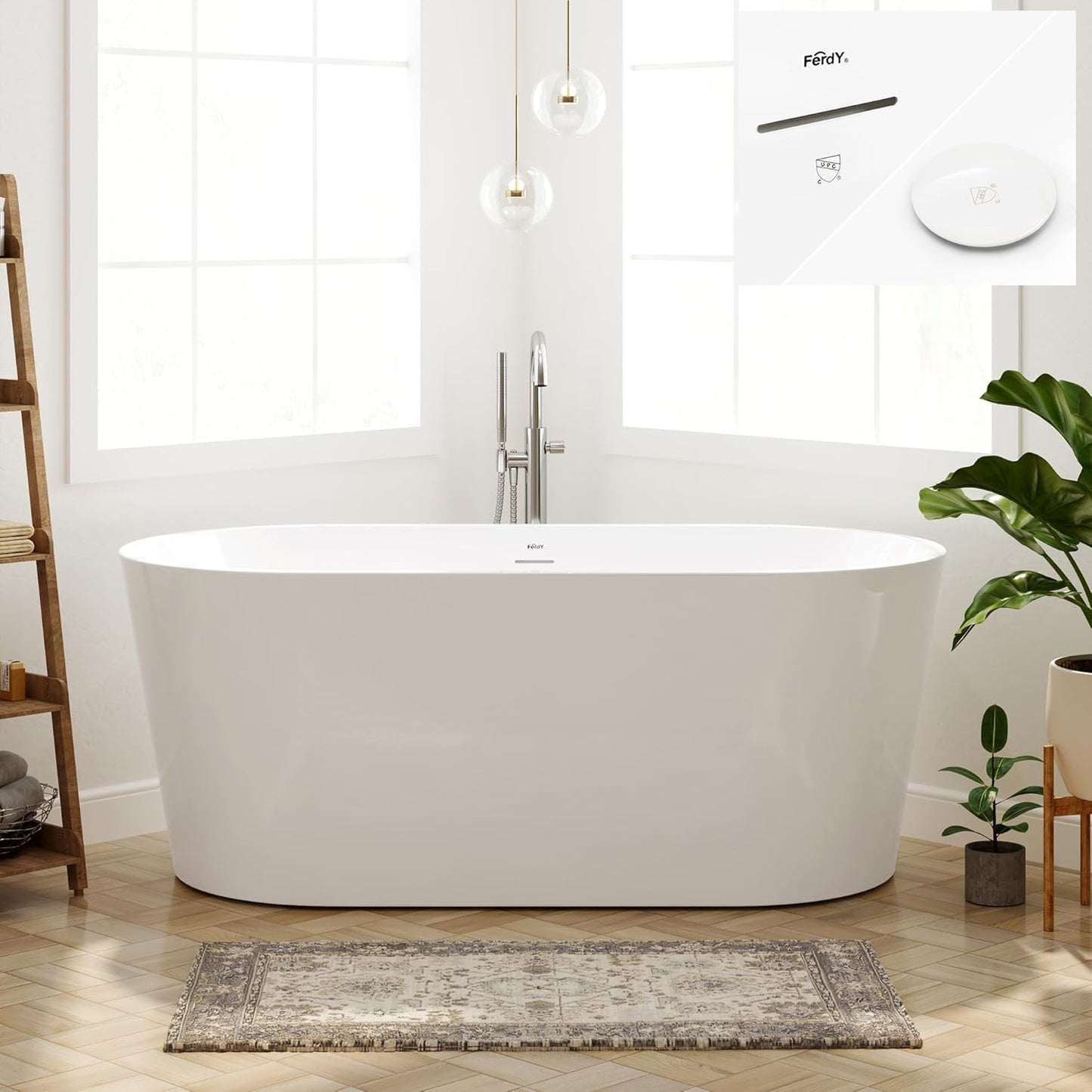 FerdY Shangri-La 59" Acrylic Freestanding Bathtub, Gracefully Shaped Soaking Bathtub, Glossy White, cUPC Certified, Polishe White Drain & Minimalist Linear Design Overflow Included, 02522
