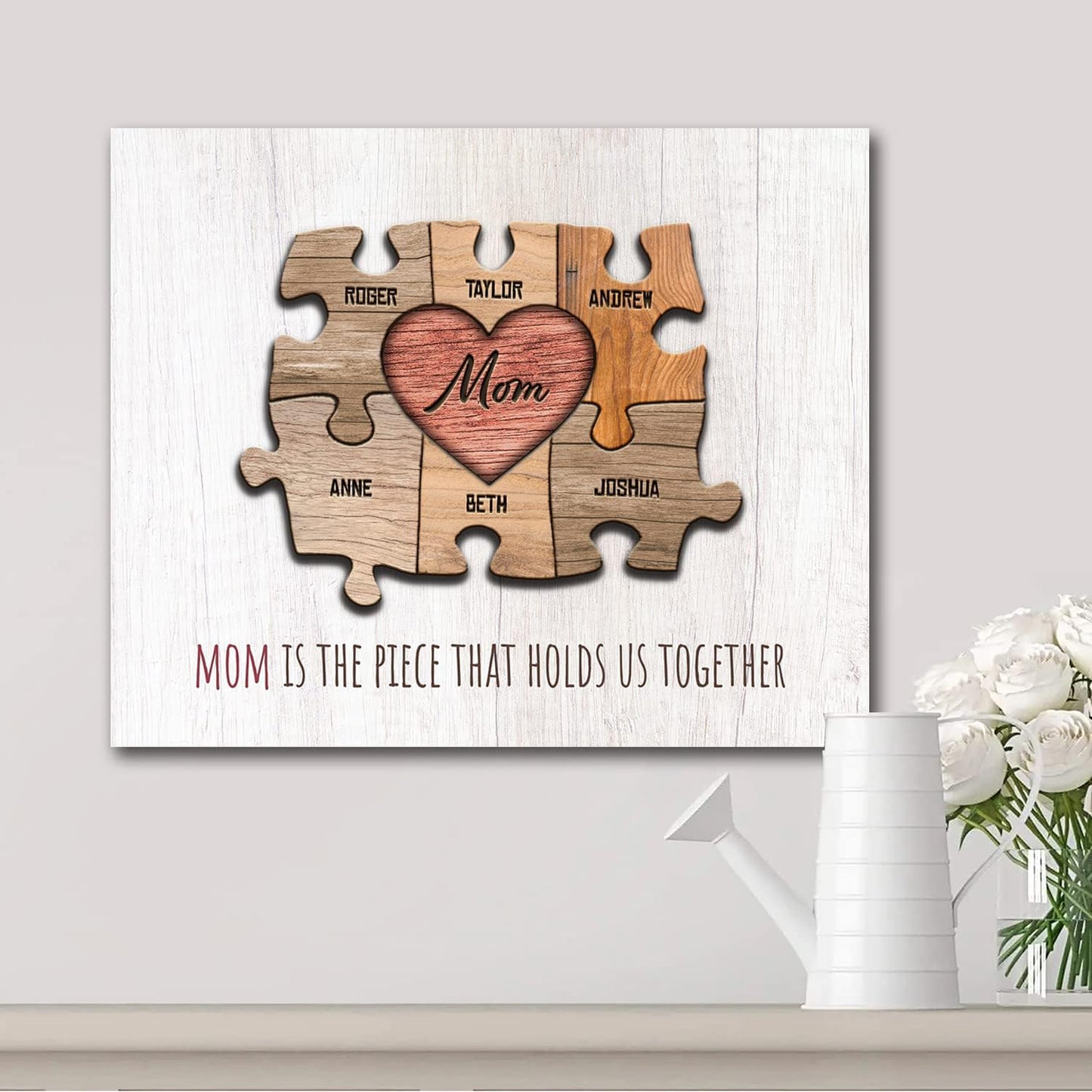 Personal-Prints MOM & Children Personalized HEART Puzzle Wall Art | Unique Customized with up to 8 Names | Mother’s Day, Birthday or Christmas Gift (16"x20" Stretched Canvas, 6 Children)