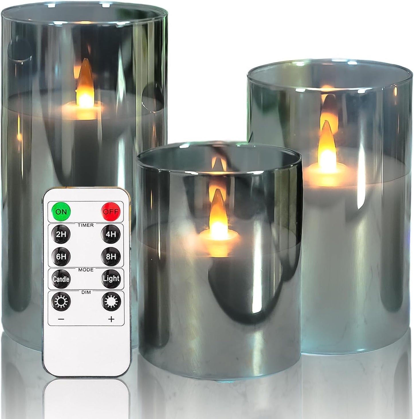 NICEME Grey Glass Flamelss Candles with Remote, Evanescing Radiance Flickering Pillar Candles Battery Operated Real Wax LED Candles in Glass Jars for Christmas Wedding Home Decor D3 x H4 5" 6"