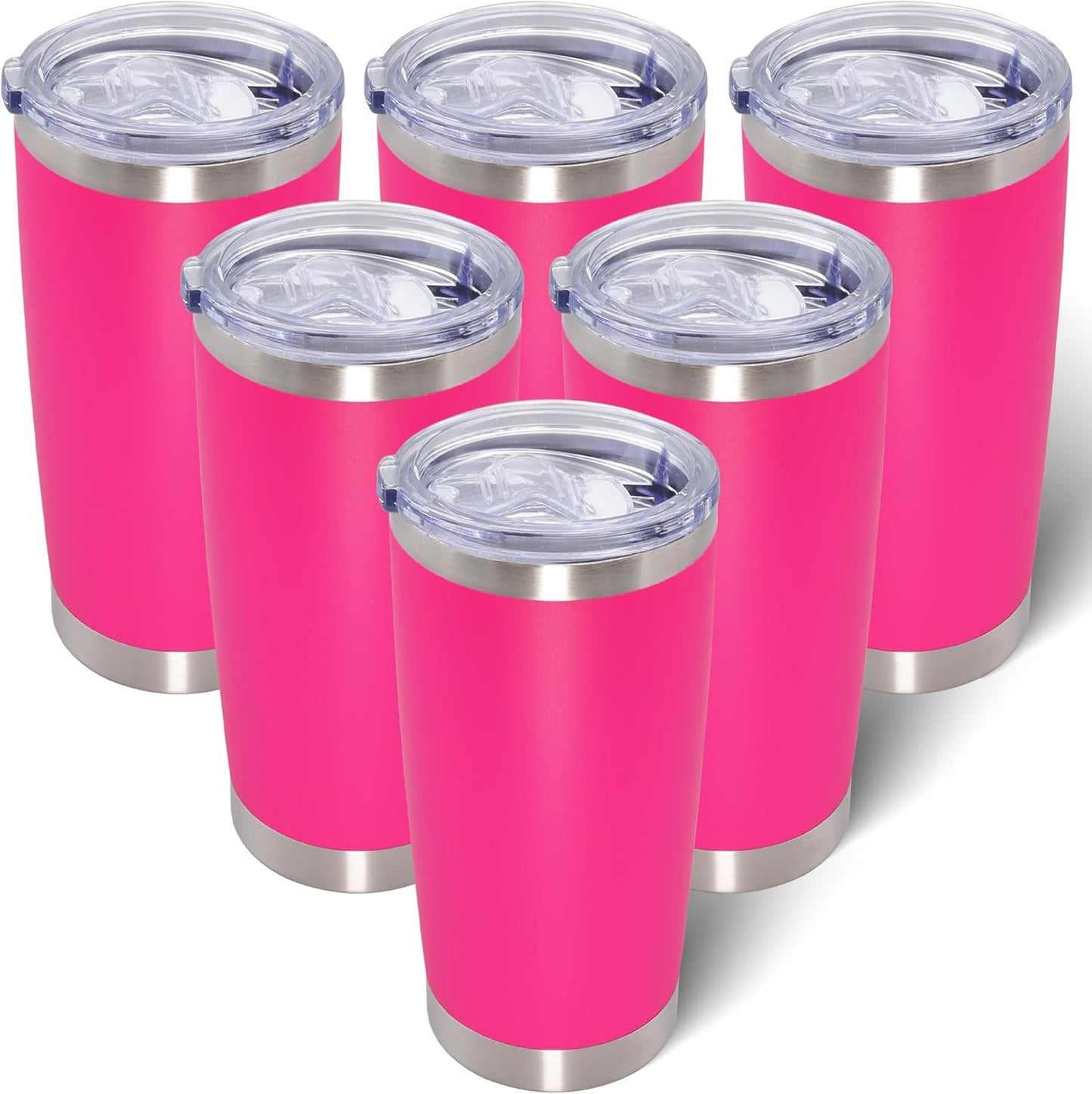 20oz Tumbler Bulk Stainless Steel Tumblers with Lid Vacuum Insulated Double Wall Travel Coffee Mug Powder Coated Tumbler Cup for Hot and Cold Drinks(Hot Pink, 6 pack)