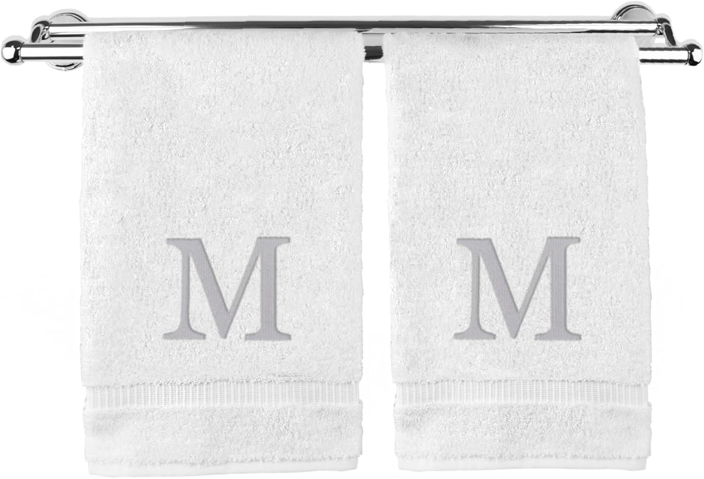 Monogrammed Hand Towel, Personalized Gift, Set of 2- Silver Block Letter Embroidered Towel - Extra Absorbent 100% Turkish Cotton - Soft Terry Finish - Initial M White