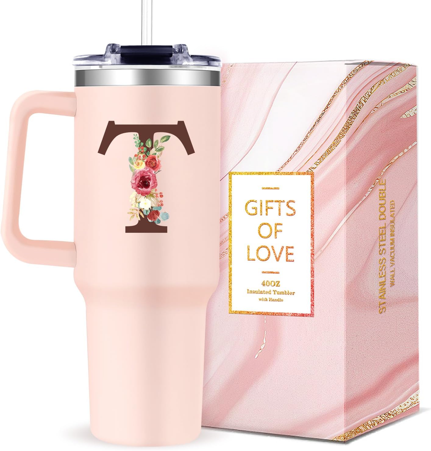 Monogrammed 40oz Tumbler with Handle for Women, Personalized Birthday Gifts for Women,Initial Cups for Woman Floral Letter T,Customized Gifts for Female Lady Gift for Mothers Day Christmas