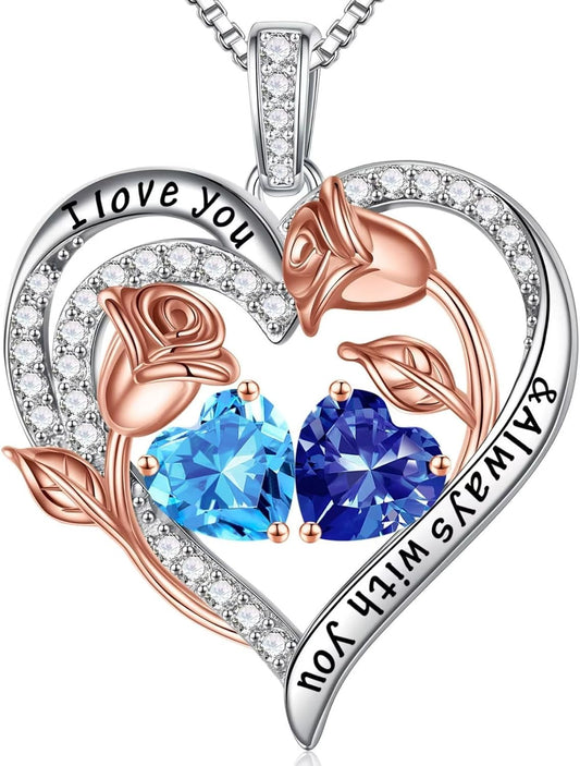 Iefil Birthstone Necklace for Women - 925 Sterling Silver Rose Heart Birthstone Necklace Birthday Anniversary Jewelry Gifts for Her Wife Mom Daughter