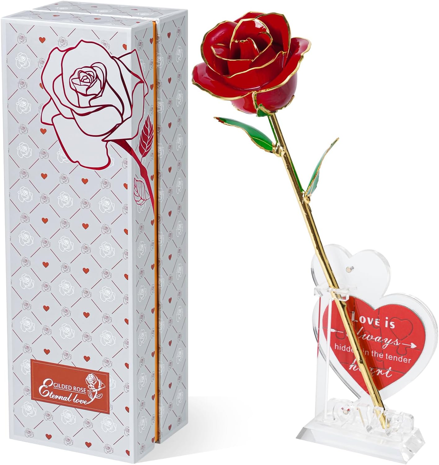 Mikasol 24K Gold Plated Red Rose – Handcrafted Eternal Flower with Heart Puzzle Stand – Romantic Gift of Love for Her on Anniversary, Birthday, Valentine's Day