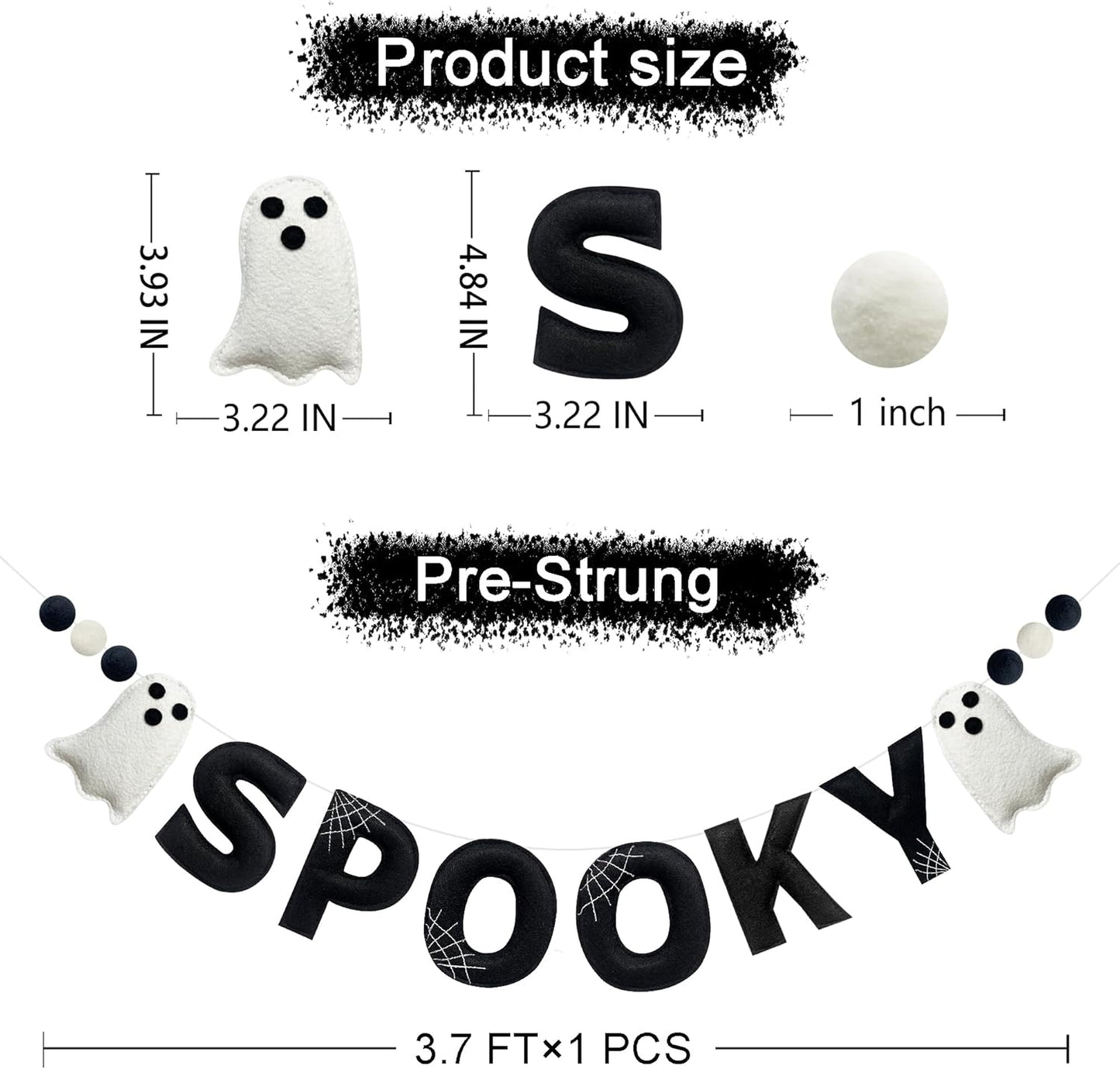 Halloween Decorations Pre-Strung Felt Spooky Sign Spiderweb Ghost Banner Wool Felt Ball Garland for Spooky Halloween Ghost Nursery Home Wall Decor Baby Shower Birthday Party Decorations Supplies