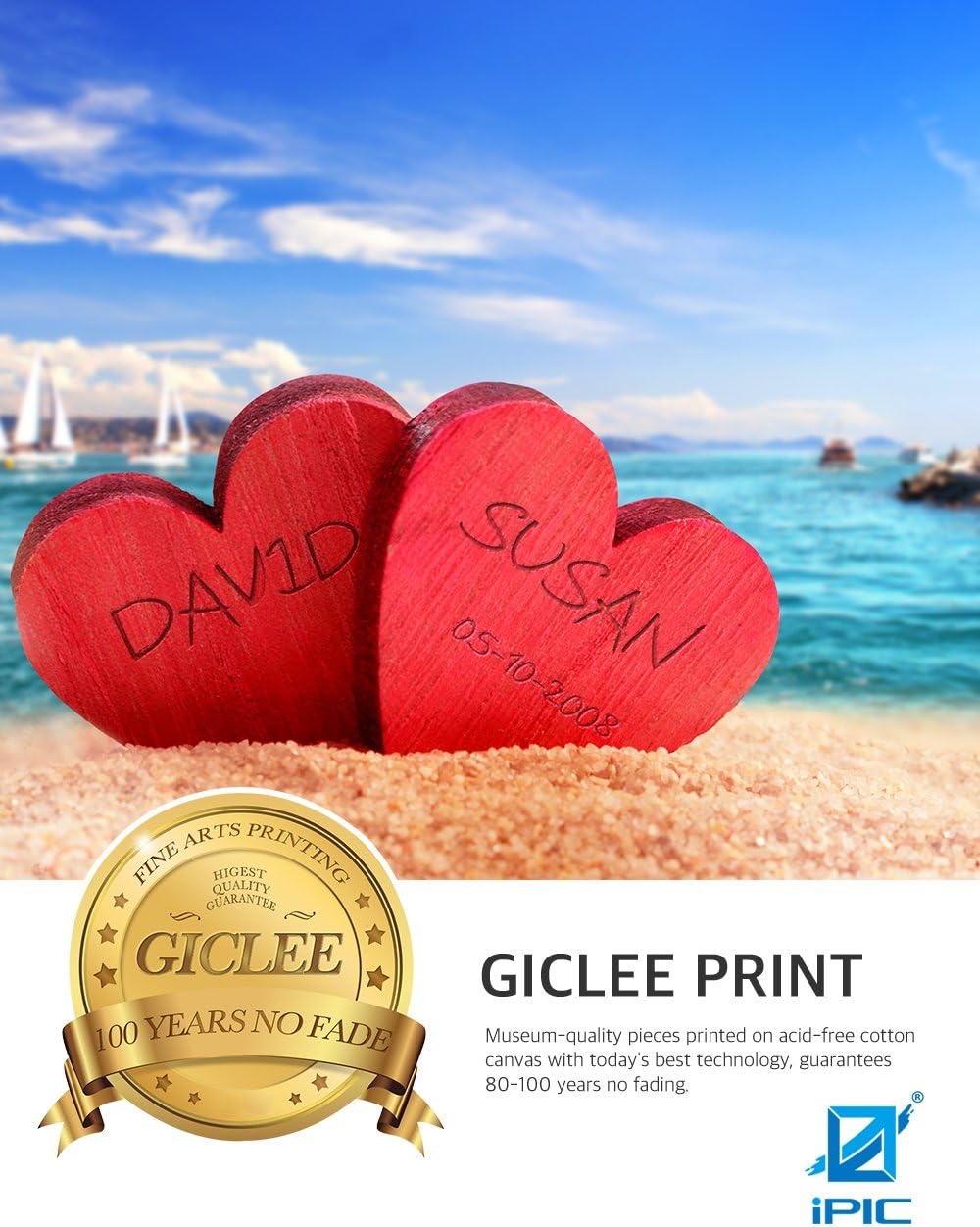 IPIC - Beach Lovers, Personalized Artwork with Names and Date on, Customized Gift for Anniversary,Wedding,Birthday and Holidays. Picture size: 30x20, Framed Size: 33x23