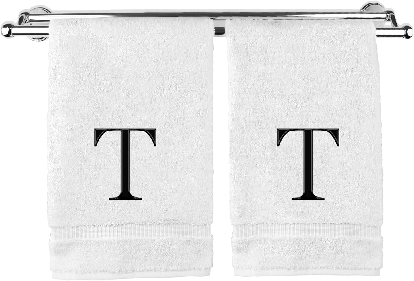 Monogrammed Hand Towel, Personalized Gift, Set of 2- Black Block Letter Embroidered Towel - Extra Absorbent 100% Turkish Cotton - Soft Terry Finish - Initial T White
