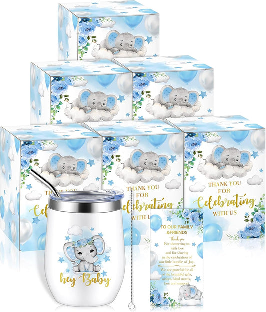 Hoolerry 6 Set Baby Shower Game Prizes for Guests Winners 12 oz Insulated Stainless Steel Tumbler Cup with Lids, Straws, Cleaning Brush, Cards & Boxes Return Gifts(Blue,Elephant)