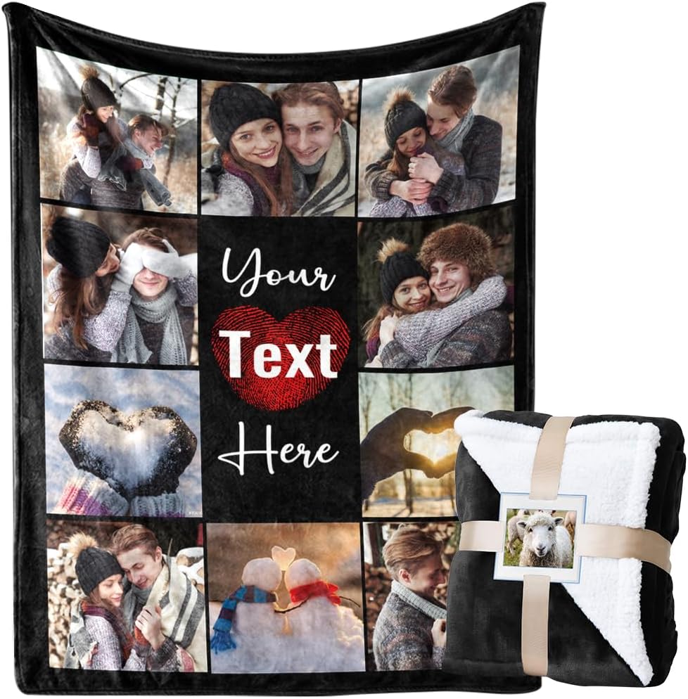 Custom Blanket with Picture Personalized Sherpa Fleece Throw Blanket - Thick and Warm Fuzzy Plush Blanket - Customized Valentines Day Gifts for Couple Girlfriend Boyfriend