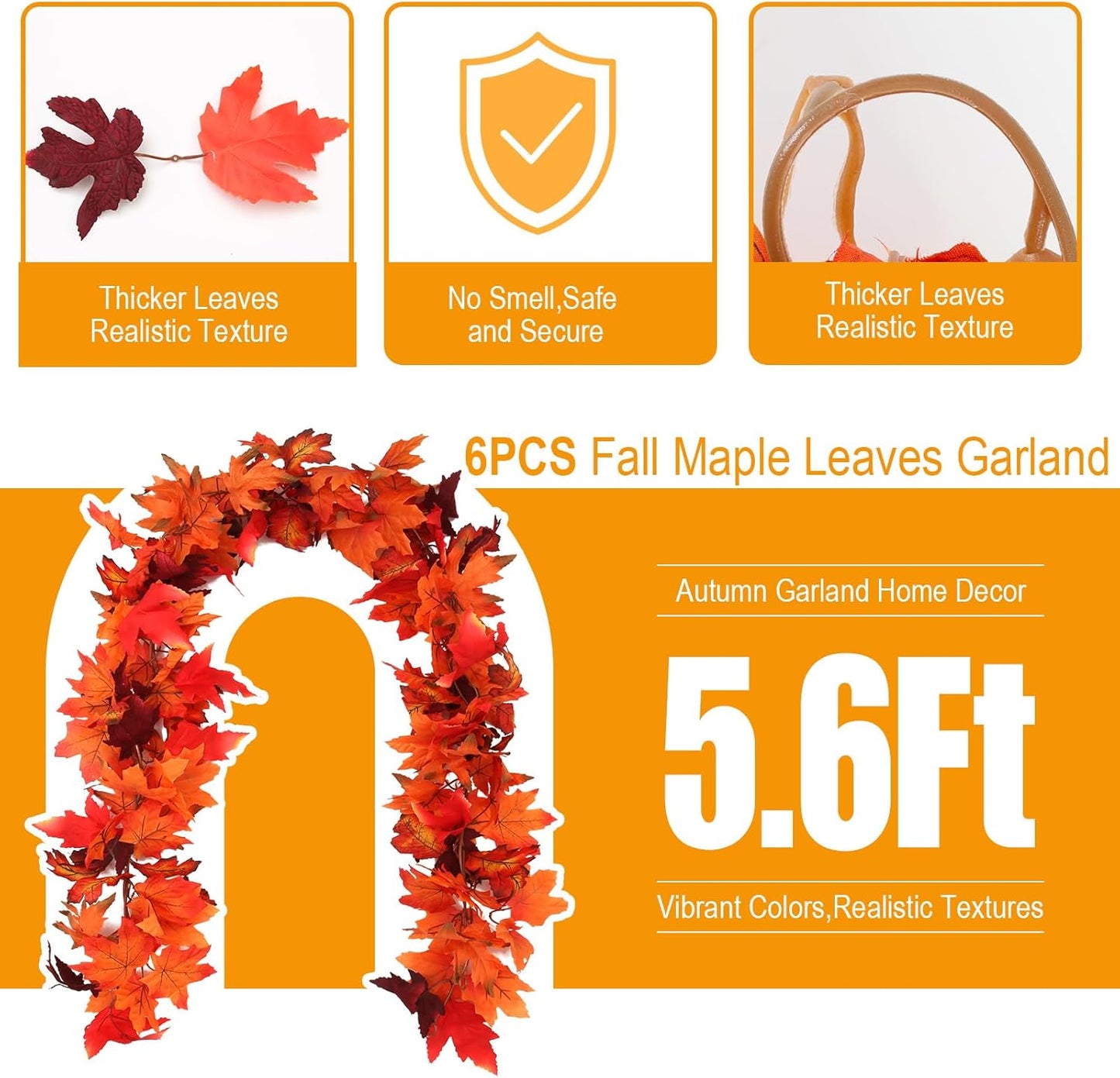 Joyhalo 6 Pack Fall Garland, Maple Leaves Garland Indoor Outdoor Fall Decor,Hanging Maple Leaves for Mantle,Door Frame,Fireplace and Thanksgiving Decor